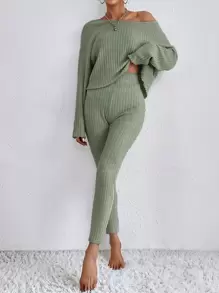 SHEIN Essnce Pantalones con top tejido de canalé de hombros caídos - verde menta - Ver 4