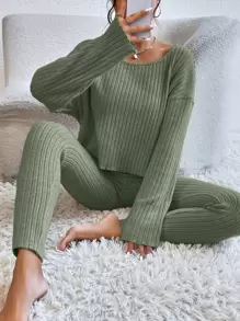 SHEIN Essnce Pantalones con top tejido de canalé de hombros caídos - verde menta - Ver 6
