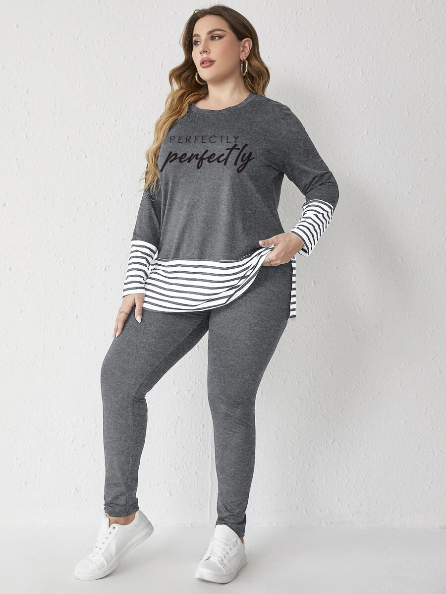 Mulvari Plus Striped Trim Tee & Trousers - Grey - View 1