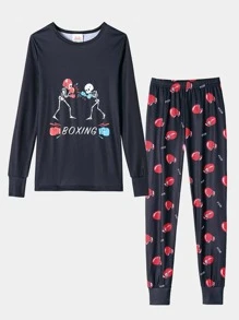 2pcs/Set Boys Snug Fit Halloween Glow In The Dark Soccer & Skull Print Long Sleeve Pajama Set - Black - View 3