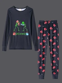 2pcs/Set Boys Snug Fit Halloween Glow In The Dark Soccer & Skull Print Long Sleeve Pajama Set - Black - View 1