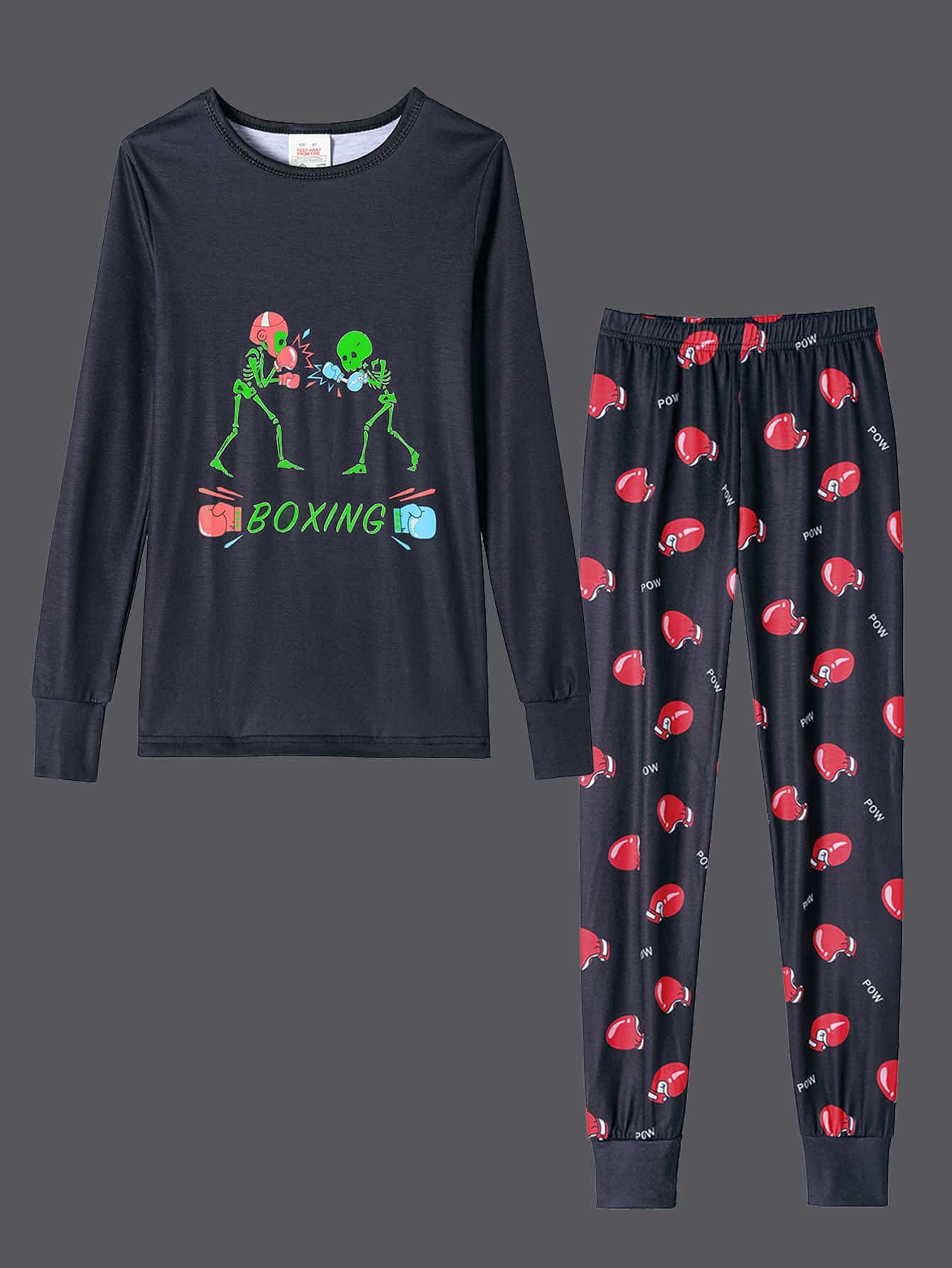 2pcs/Set Boys Snug Fit Halloween Glow In The Dark Soccer & Skull Print Long Sleeve Pajama Set - Black - View 1