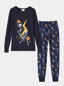 2pcs/Set Boys Snug Fit Sleepwear Luminous Soccer & Skull Print Long Sleeve Pajama Set, Halloween Holiday Homewear - Navy Blue - View 3