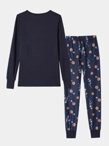 2pcs/Set Boys Snug Fit Sleepwear Luminous Soccer & Skull Print Long Sleeve Pajama Set, Halloween Holiday Homewear - Navy Blue - View 2