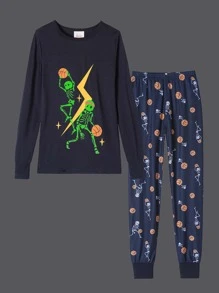 2pcs/Set Boys Snug Fit Sleepwear Luminous Soccer & Skull Print Long Sleeve Pajama Set, Halloween Holiday Homewear - Navy Blue - View 1