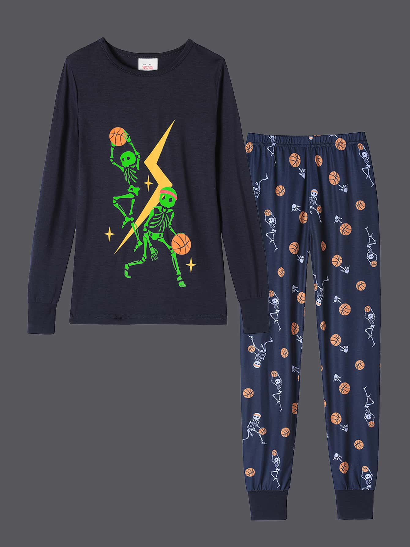 2pcs/Set Boys Snug Fit Sleepwear Luminous Soccer & Skull Print Long Sleeve Pajama Set, Halloween Holiday Homewear - Navy Blue - View 1
