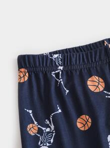 2pcs/Set Boys Snug Fit Sleepwear Luminous Soccer & Skull Print Long Sleeve Pajama Set, Halloween Holiday Homewear - Navy Blue - View 5