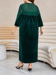 Modelyn Plus Contrast Lace Scallop Trim Solid Dress - Dark Green - View 2