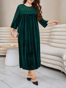 Modelyn Plus Contrast Lace Scallop Trim Solid Dress - Dark Green - View 3