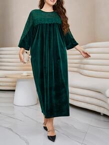 Modelyn Plus Contrast Lace Scallop Trim Solid Dress - Dark Green - View 4