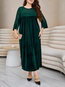 Modelyn Plus Contrast Lace Scallop Trim Solid Dress - Dark Green - View 6