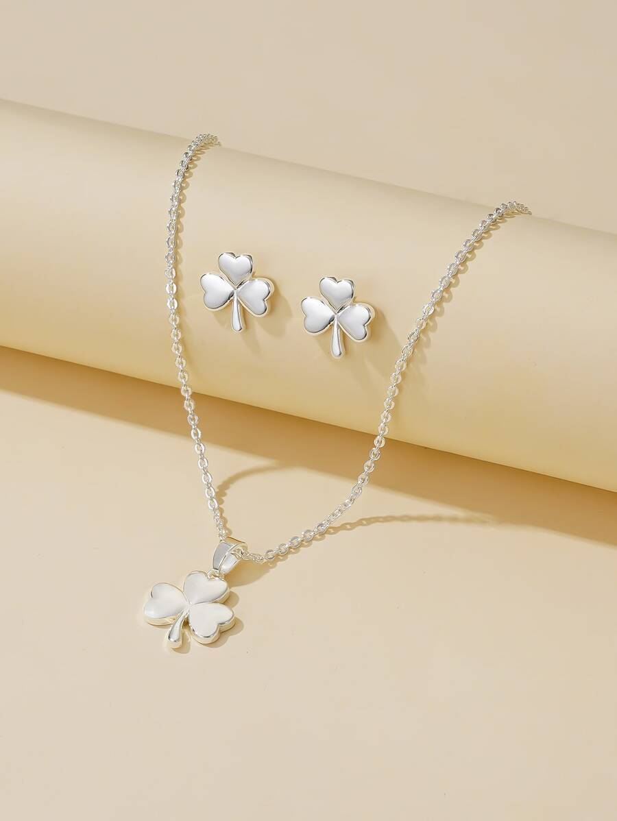 Collar con colgante trébol & Pendientes de tachuela - Plateado - Ver 1