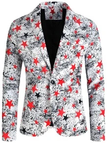 Men Lapel Collar Star Print Single Button Blazer - Multicolor - View 1
