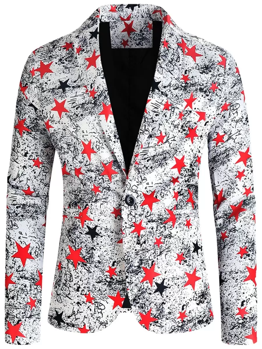 Men Lapel Collar Star Print Single Button Blazer - Multicolor - View 1