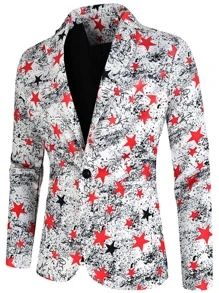 Men Lapel Collar Star Print Single Button Blazer - Multicolor - View 3