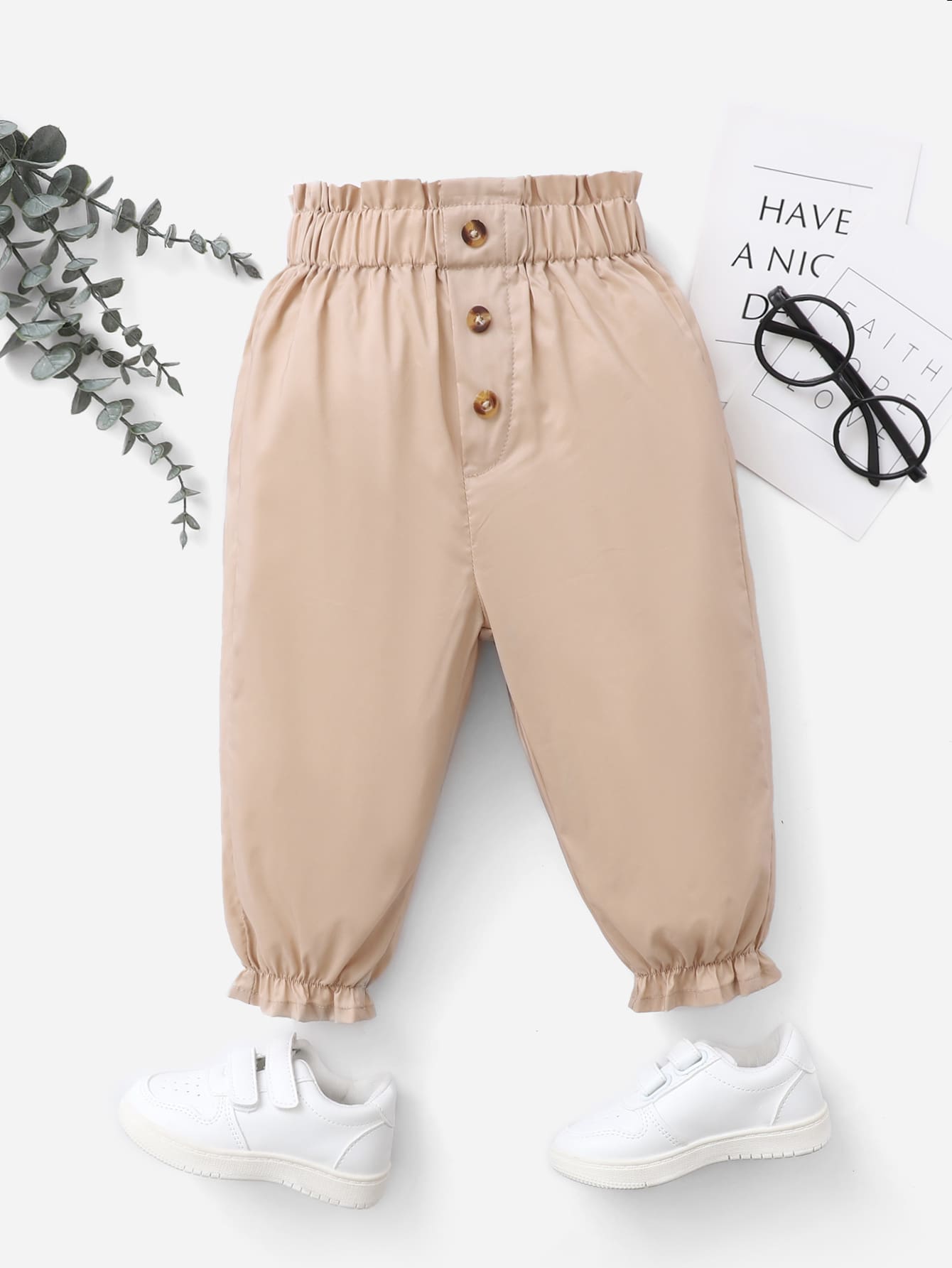 Baby Button Front Paperbag Waist Trousers - Khaki - View 1