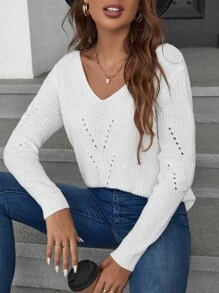SHEIN Frenchy Contrast Guipure Lace Bow Back Eyelet Detail Sweater,Long Sleeve Tops Winter White - White - View 2