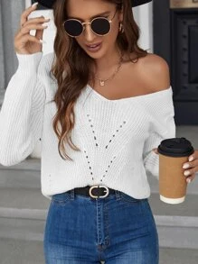 SHEIN Frenchy Contrast Guipure Lace Bow Back Eyelet Detail Sweater,Long Sleeve Tops Winter White - White - View 6