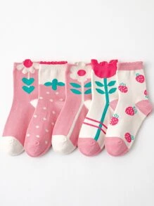 5雙小女童花卉圖案和草莓圖案中筒襪 - 粉色 - 查看 1