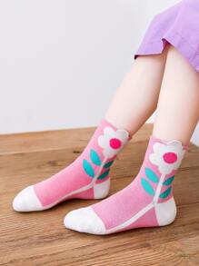 5雙小女童花卉圖案和草莓圖案中筒襪 - 粉色 - 查看 2