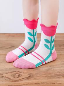 5雙小女童花卉圖案和草莓圖案中筒襪 - 粉色 - 查看 3