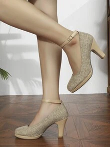 搭扣裝飾防水台粗跟踝帶高跟鞋