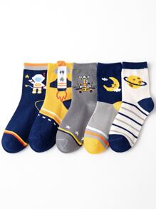 5pairs Toddler Boys Spaceman & Rocket Pattern Crew Socks - Multicolor - View 1