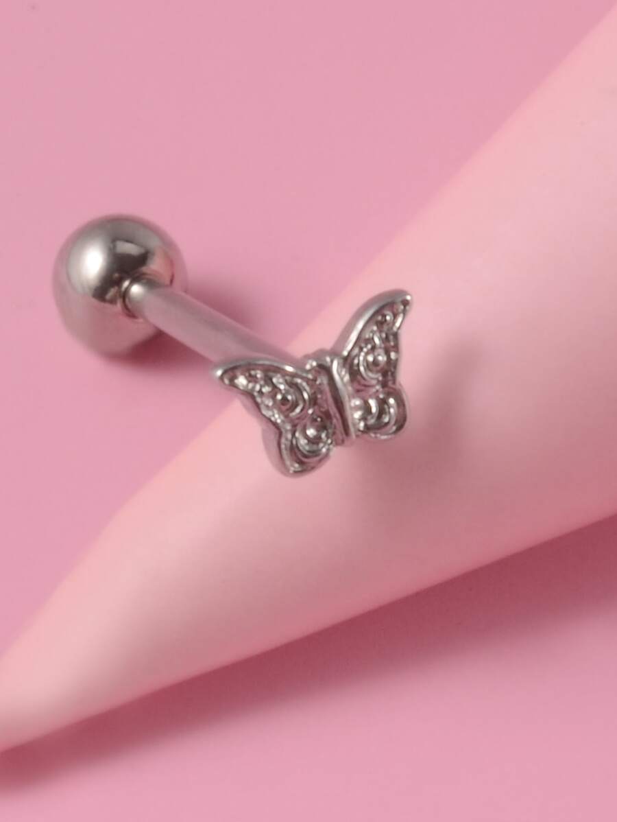 時尚蝴蝶裝飾舌頭槓鈴環不銹鋼男女款無需穿孔隔墊身體首飾 - 銀色 - 查看 1
