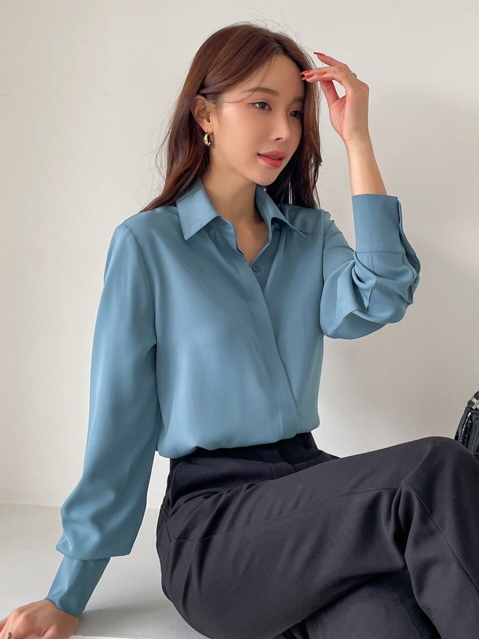 Solid Hidden Button Front Shirt Long Sleeve Top