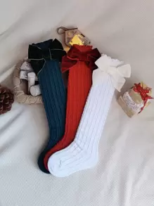 3雙女孩蝴蝶結裝飾高筒襪 - 彩色 - 查看 1