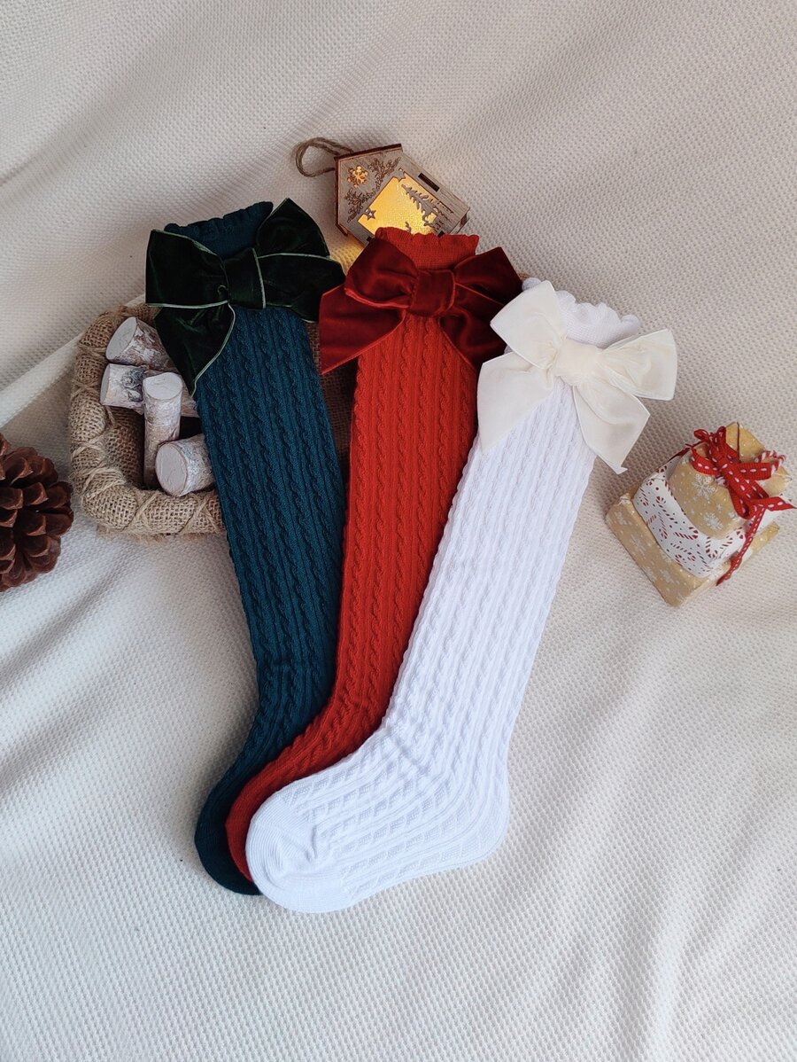 3雙女孩蝴蝶結裝飾高筒襪 - 彩色 - 查看 1