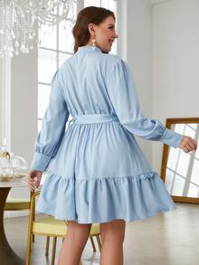 Simplee Plus Frill Trim Lantern Sleeve Belted Dress - Baby Blue - View 2