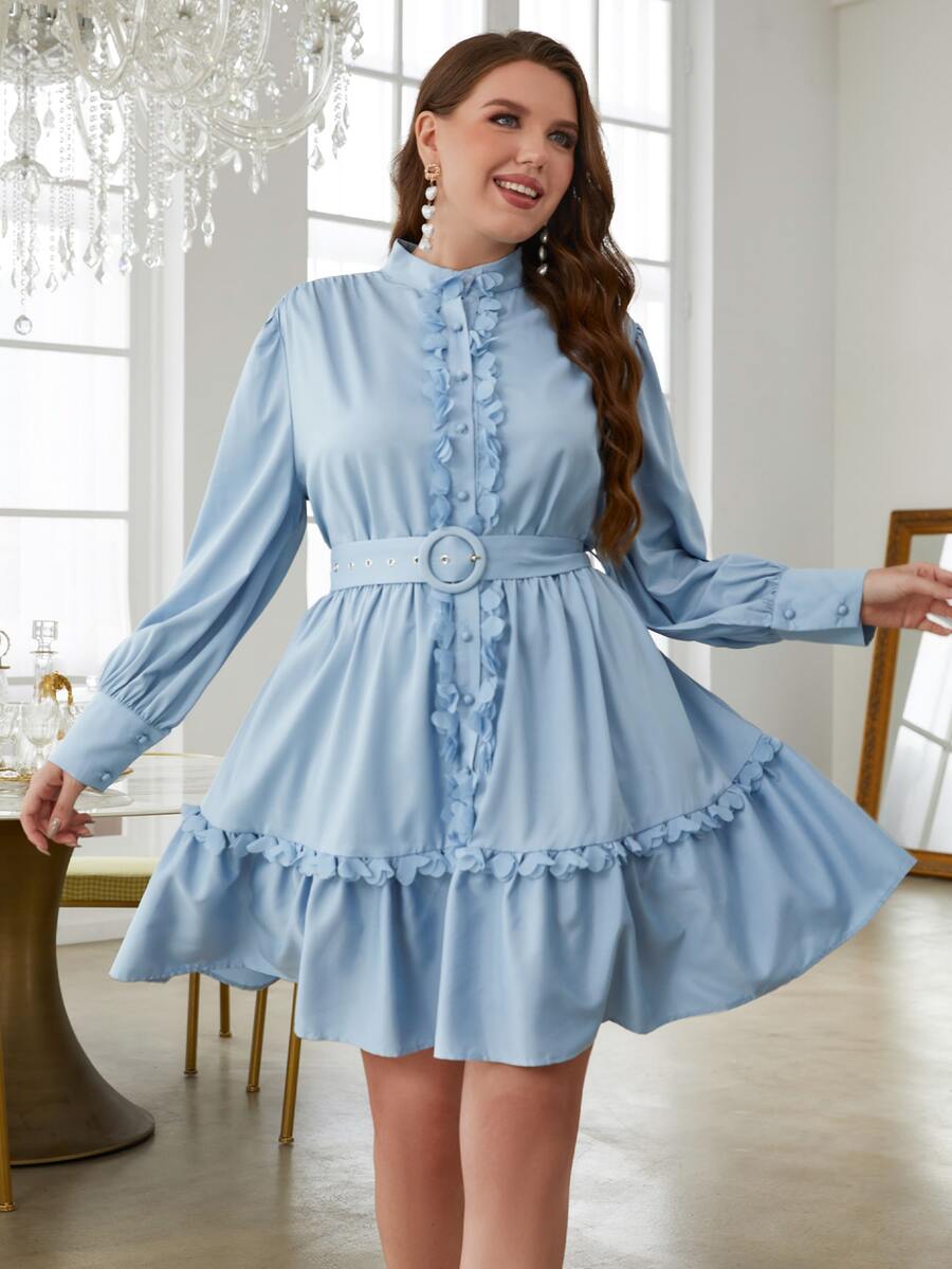 Simplee Plus Frill Trim Lantern Sleeve Belted Dress - Baby Blue - View 1