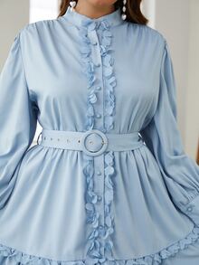 Simplee Plus Frill Trim Lantern Sleeve Belted Dress - Baby Blue - View 5