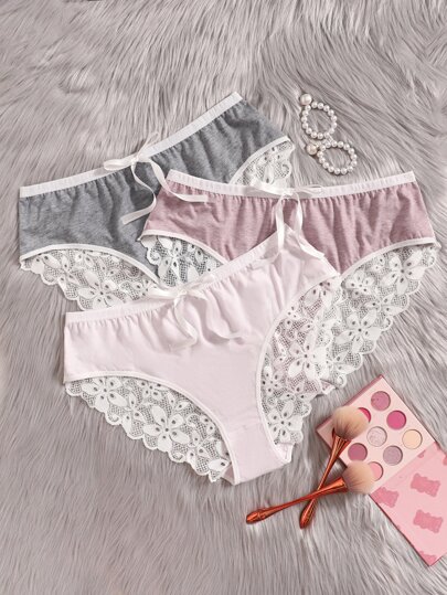 Plus 3pack Contrast Lace Bow Front Panty