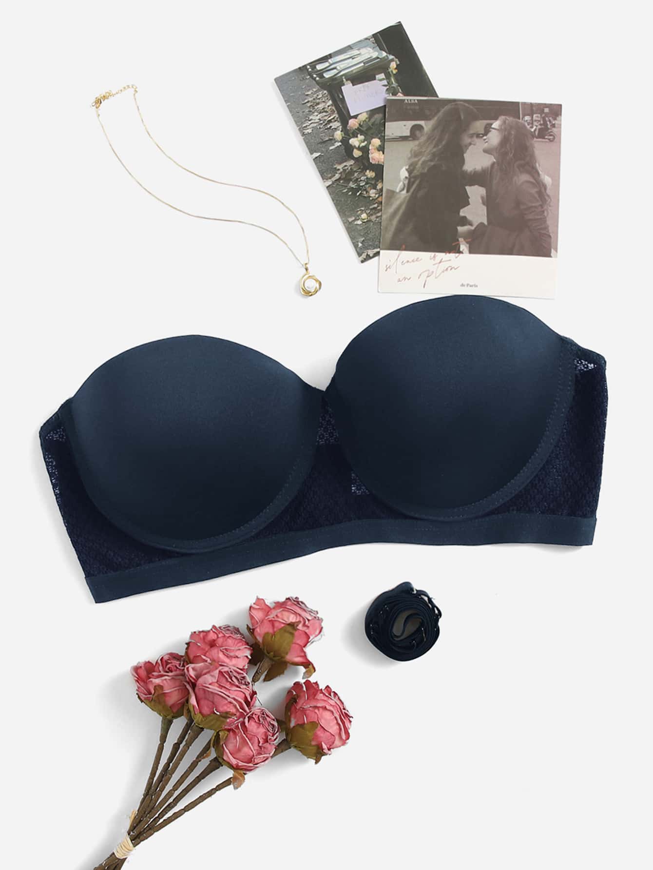 Plus Lace Panel Push Up Bra With Detachable Strap - Navy Blue - View 1