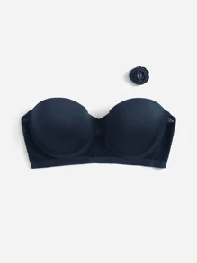 Plus Lace Panel Push Up Bra With Detachable Strap - Navy Blue - View 5