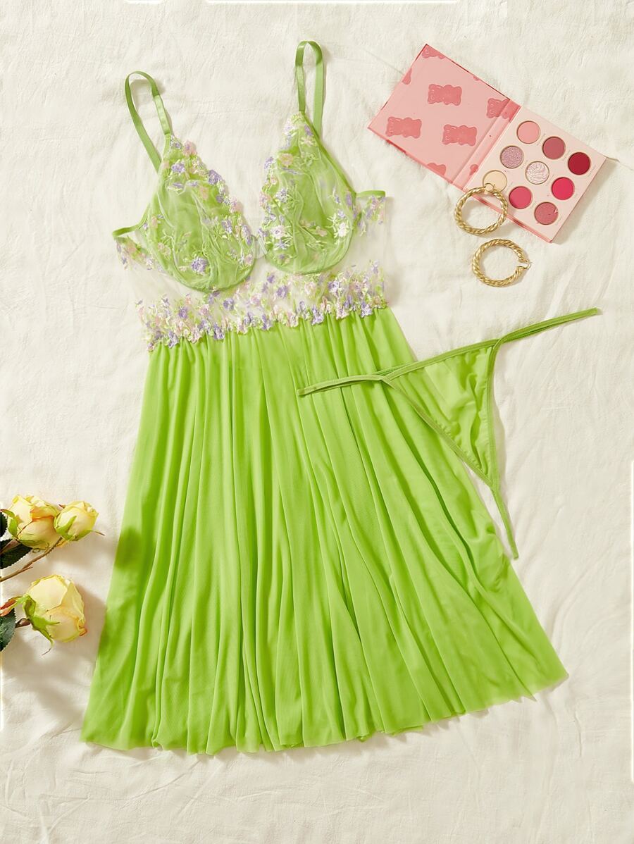 Plus Neon Lime Floral Embroidery Mesh Slips & Thong - Lime Green - View 1