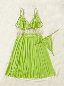 Plus Neon Lime Floral Embroidery Mesh Slips & Thong - Lime Green - View 2