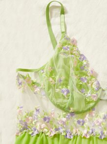 Plus Neon Lime Floral Embroidery Mesh Slips & Thong - Lime Green - View 3