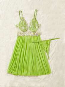 Plus Neon Lime Floral Embroidery Mesh Slips & Thong - Lime Green - View 4