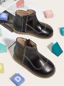 Girls Stitch Detail Zipper Side Boots - Black - View 1