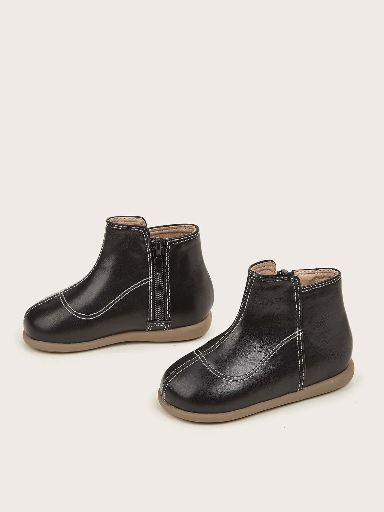 Girls Stitch Detail Zipper Side Boots - Black - View 2