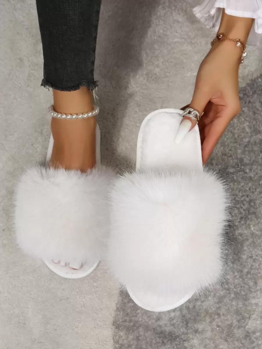 Fall/Winter Women's New Flat Non-Slip Slippers, Fashionable Pearl Open Toe Quiet Indoor Slippers, Home Slippers For All Seasons - White - View 1