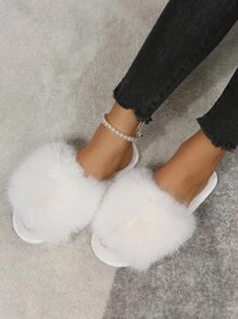 Fall/Winter Women's New Flat Non-Slip Slippers, Fashionable Pearl Open Toe Quiet Indoor Slippers, Home Slippers For All Seasons - White - View 6