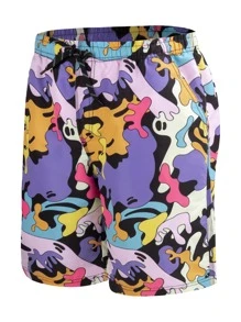 Men Allover Print Drawstring Front Swim Shorts