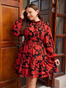 SHEIN Clasi 大碼印花褶邊燈籠袖連衣裙 - 彩色 - 查看 5