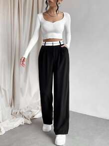 SHEIN MOOSTA Women Suit Pants Dây kéo màu trơn - màu đen - Xem 6