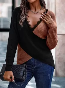 SHEIN Clasi Two Tone Eyelash Lace Trim Drop Shoulder Crossover Jumper - Multicolor - View 1