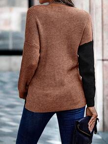 SHEIN Clasi Two Tone Eyelash Lace Trim Drop Shoulder Crossover Jumper - Multicolor - View 2